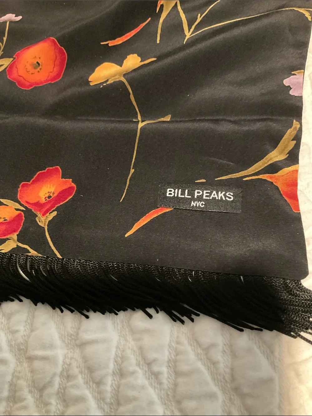 Vintage Bill  Peaks NYC Black Floral Scarf with Red, Orange & Gold Blooms